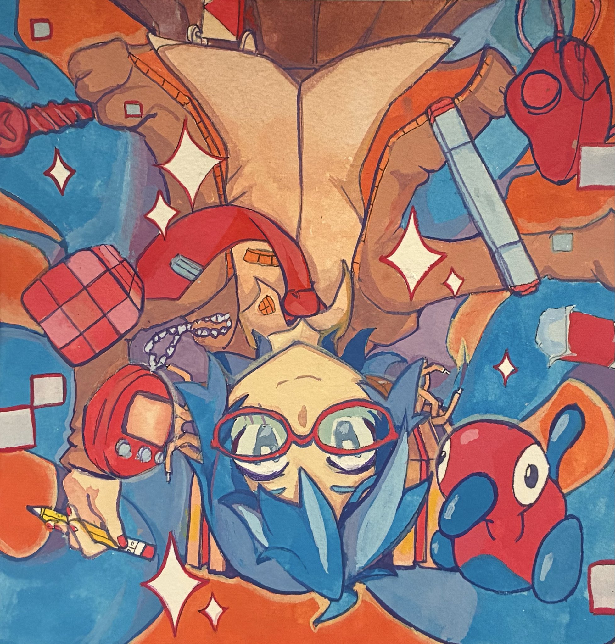 traditional gouache illustration of hatsune hanging out in a simple orange space. porygon2, an eraser, a marker, and a rubik’s cube are floating around. and a trackball. she’s holding a pencil and wearing cute pink glasses