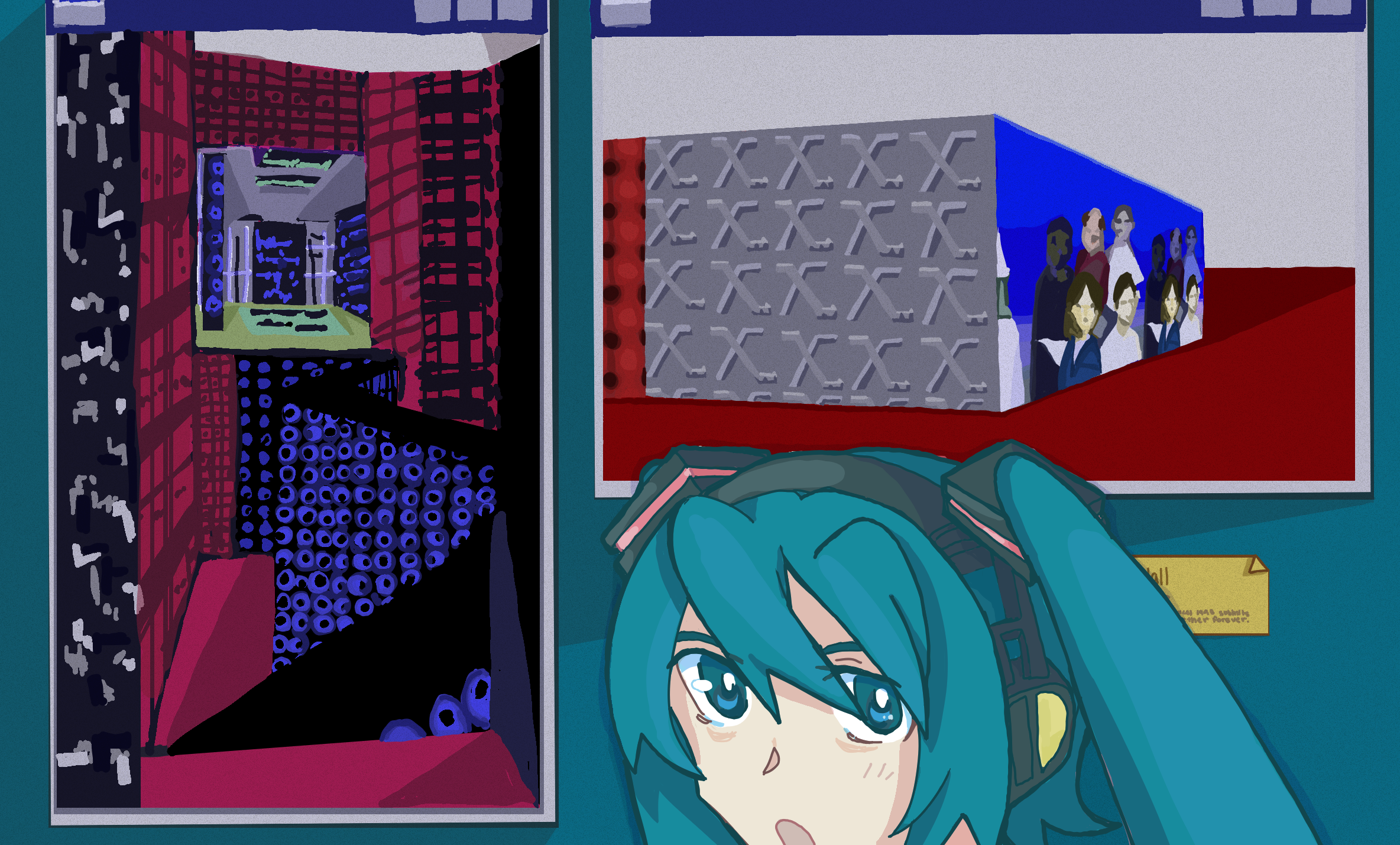 digital illustration of hatsune miku standing in front of a teal colored backdrop, cropped from the neck up. there are two images on the wall stylized like windows 95 popup windows displaying geometric rooms. the one on the right has a vague repeating texture of people on it and grey X's on a blue background and red floor. the one on the left is a tall, pink hallway with geometric patterns and a zig-zagging purple and black floor raised above a long drop. at the end of the pathway is a vague green and purple room with columns and indents in the floor and ceiling.