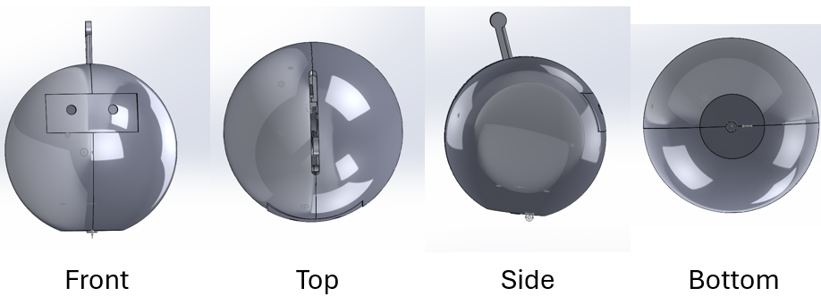 Front, top, side, and bottom views of the remote.